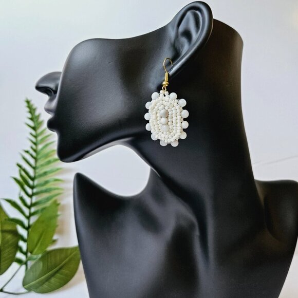 2/$27 | White Stone Shield Beaded Indigenous Hoop Earrings | Handmade - Picture 3 of 6